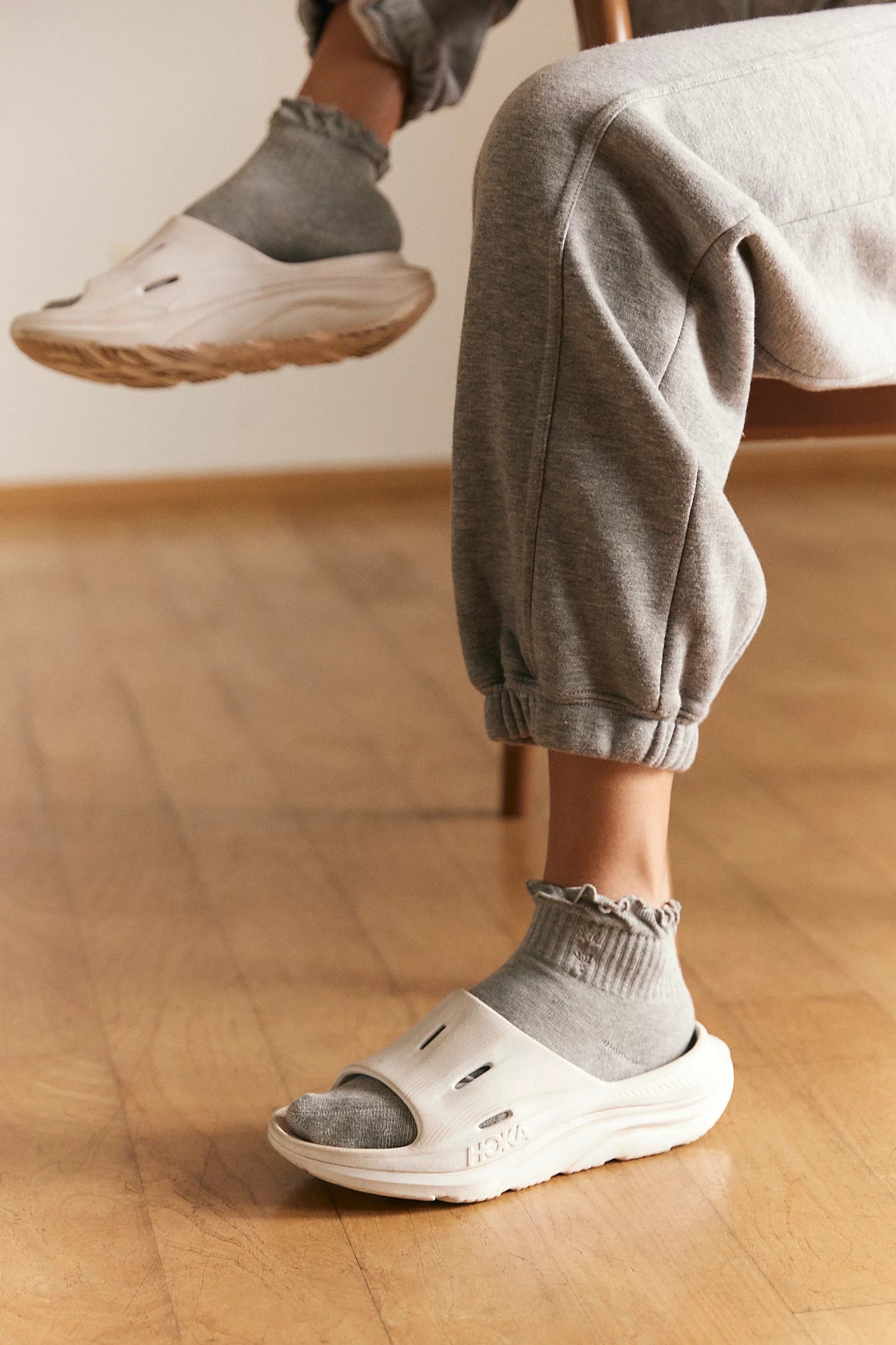 FP Movement classic ruffle socks, soft stretch knit with ribbed texture and delicate ruffle trim at the ankle, Heather Grey