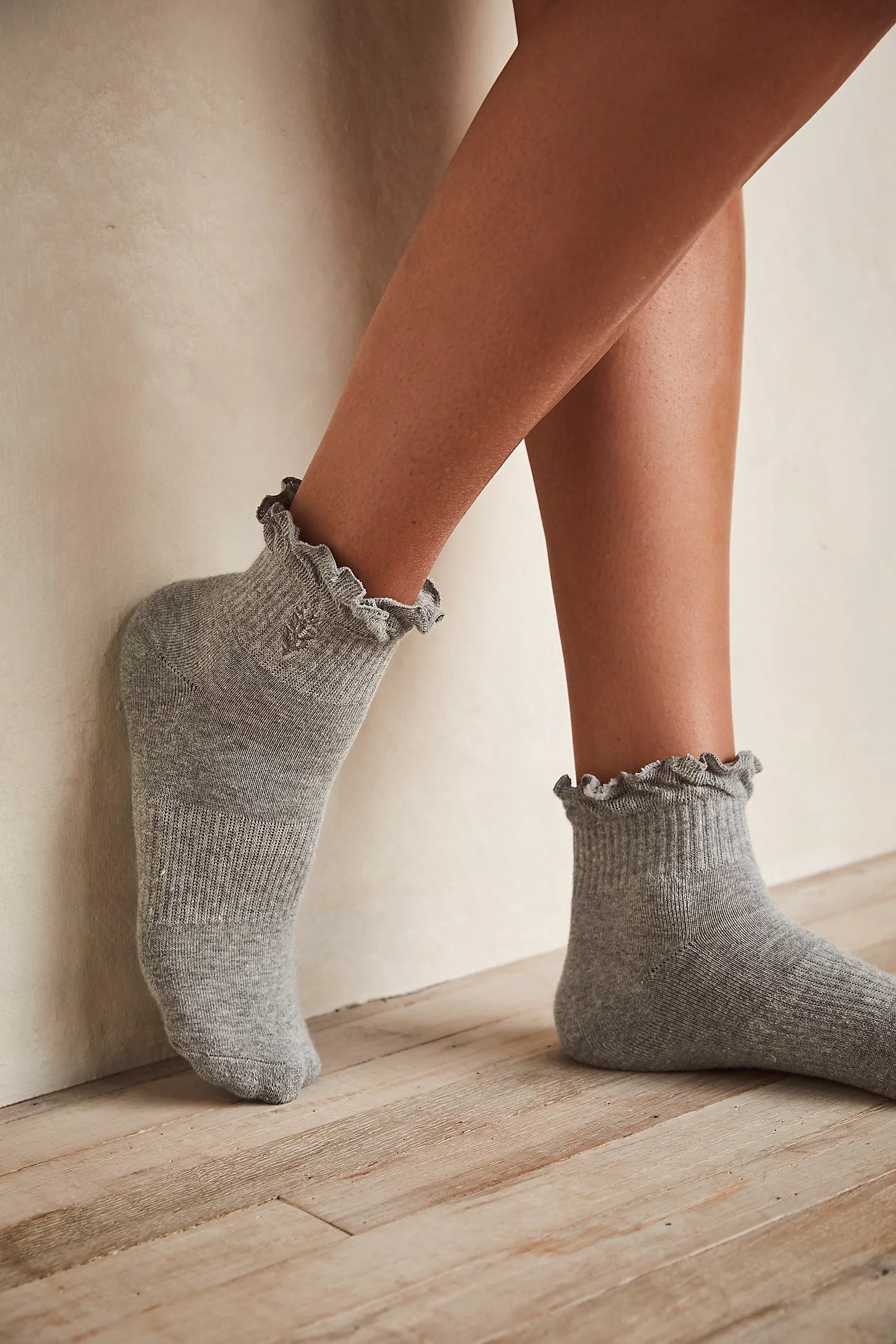 FP Movement classic ruffle socks, soft stretch knit with ribbed texture and delicate ruffle trim at the ankle, Heather Grey