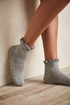 FP Movement classic ruffle socks, soft stretch knit with ribbed texture and delicate ruffle trim at the ankle, Heather Grey
