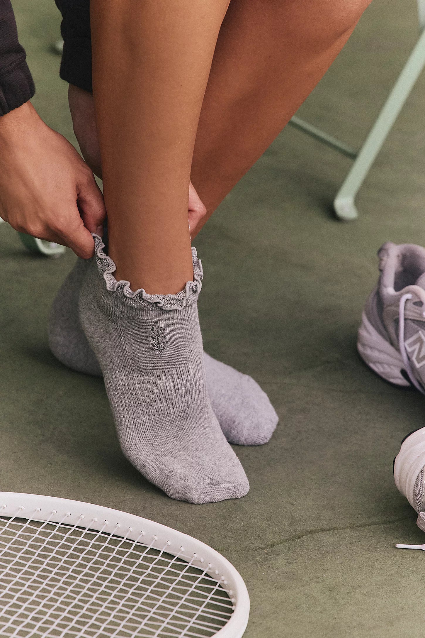 FP Movement classic ruffle socks, soft stretch knit with ribbed texture and delicate ruffle trim at the ankle, Heather Grey