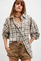 We The Free Ashley plaid shirt, button-down with relaxed fit, soft woven fabric, and classic plaid pattern, Ivory Combo