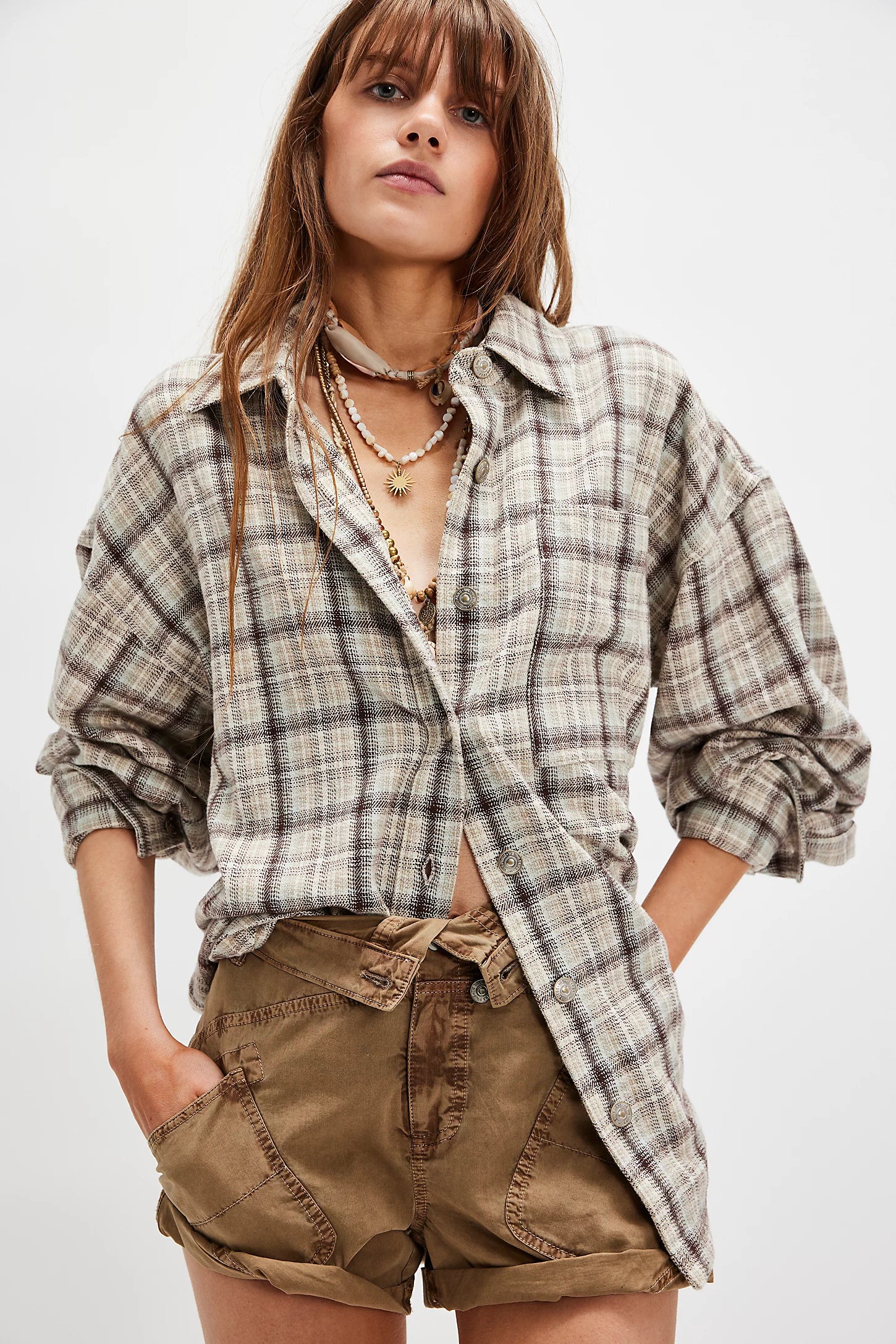 We The Free Ashley plaid shirt, button-down with relaxed fit, soft woven fabric, and classic plaid pattern, Ivory Combo
