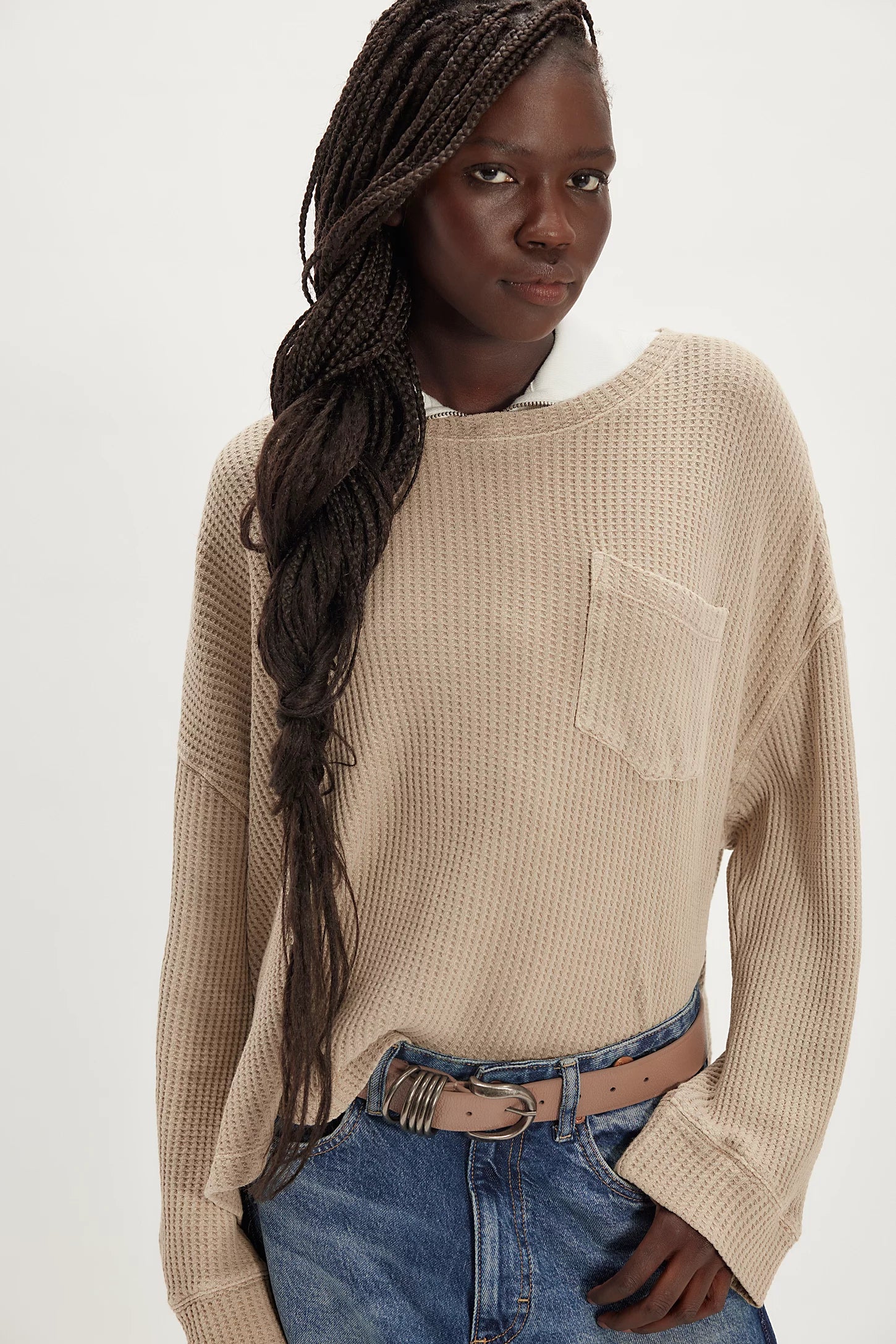 We The Free Dawson pocket thermal, long-sleeve waffle-knit top with relaxed fit and front chest pocket, Smooth Stone