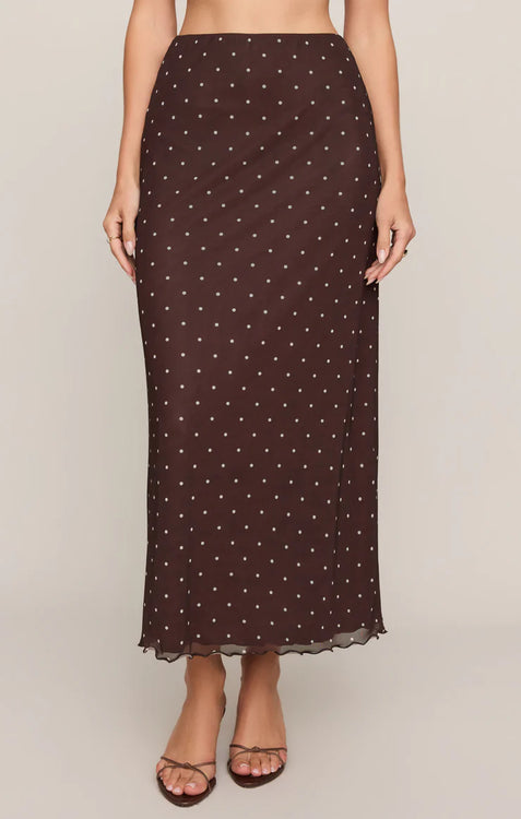 Eda Polka Dot Mesh Midi Skirt | Dark Chocolate