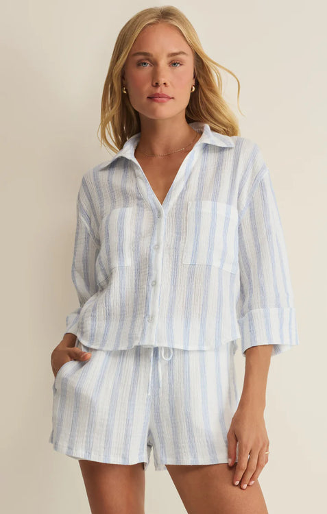Helena Striped Airy Gauze Button Up | Sea Salt
