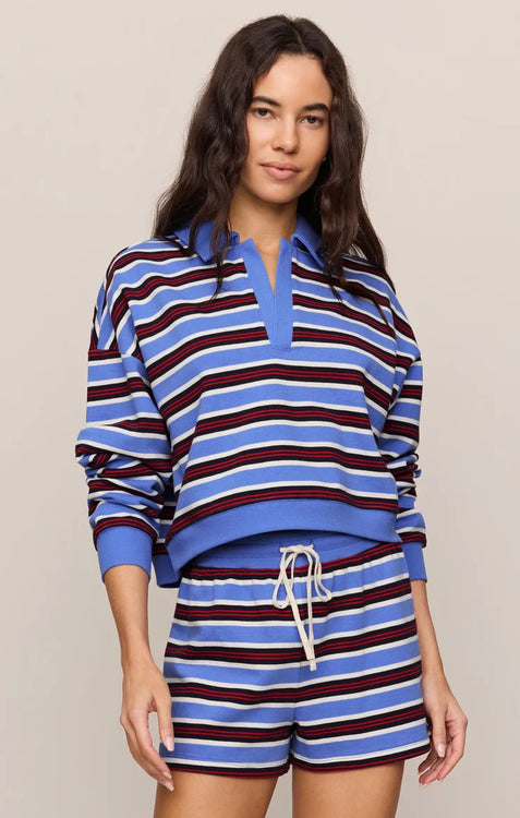 Low Key Stripe Fleece Henley | Bay Blue
