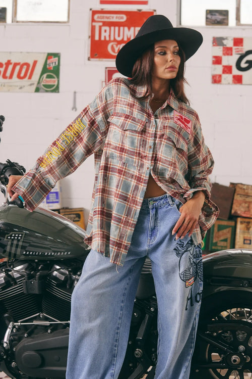 The Horse Power Distressed Flannel Shirt | Burgundy