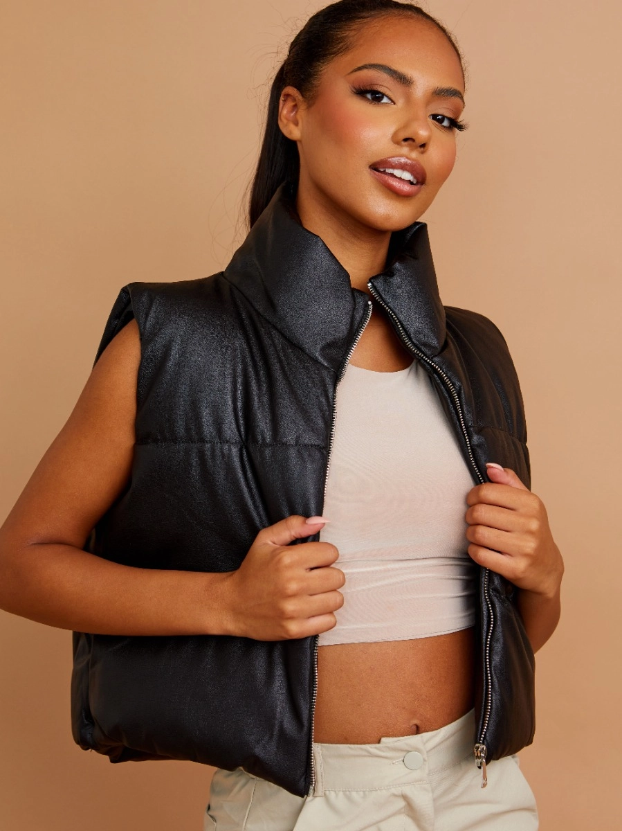 Black faux leather vest discount