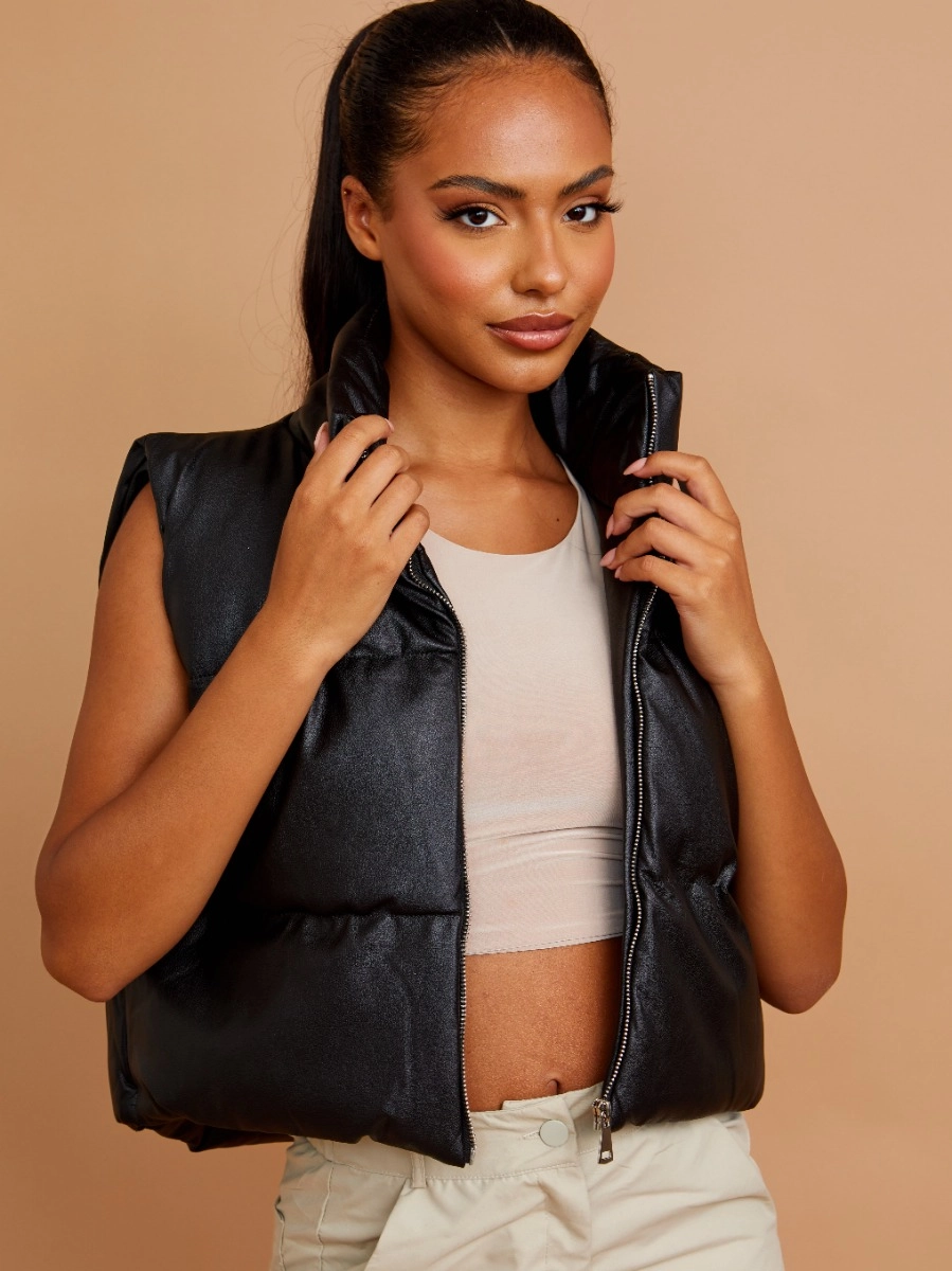 Cropped Puffer PU Leather Vest Black L