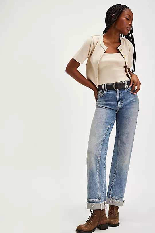 We The Free NY Twosie Set – A chic two-piece set featuring a fitted, cropped square-neck tank top and a short-sleeve cardi with a crew neckline, ribbed trim, and tort button-front closure, Ecru