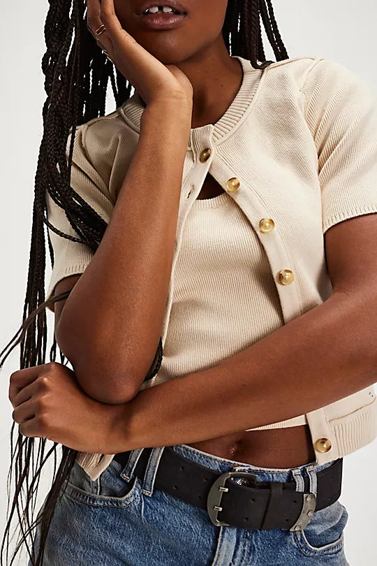 We The Free NY Twosie Set – A chic two-piece set featuring a fitted, cropped square-neck tank top and a short-sleeve cardi with a crew neckline, ribbed trim, and tort button-front closure, Ecru