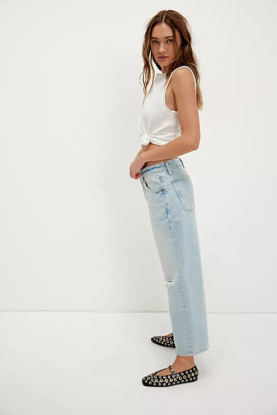 We The Free Deep Trance Dropped Boyfriend Jeans – Relaxed, slouchy jeans with a dropped waist, distressed detailing, and cuffed hems, offering a laid-back, casual look, Bleached Out