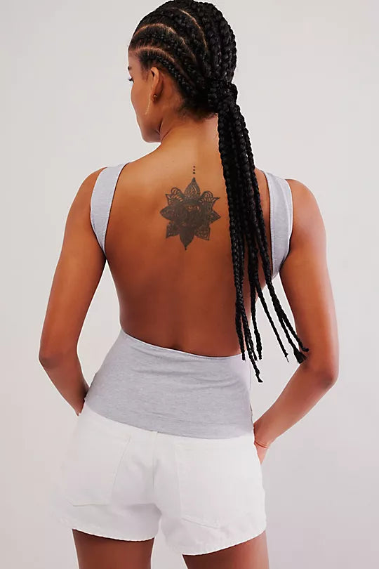 Free People Wear It Out Backless Cami with a crew neckline, fitted style, and open back design, Heather Grey