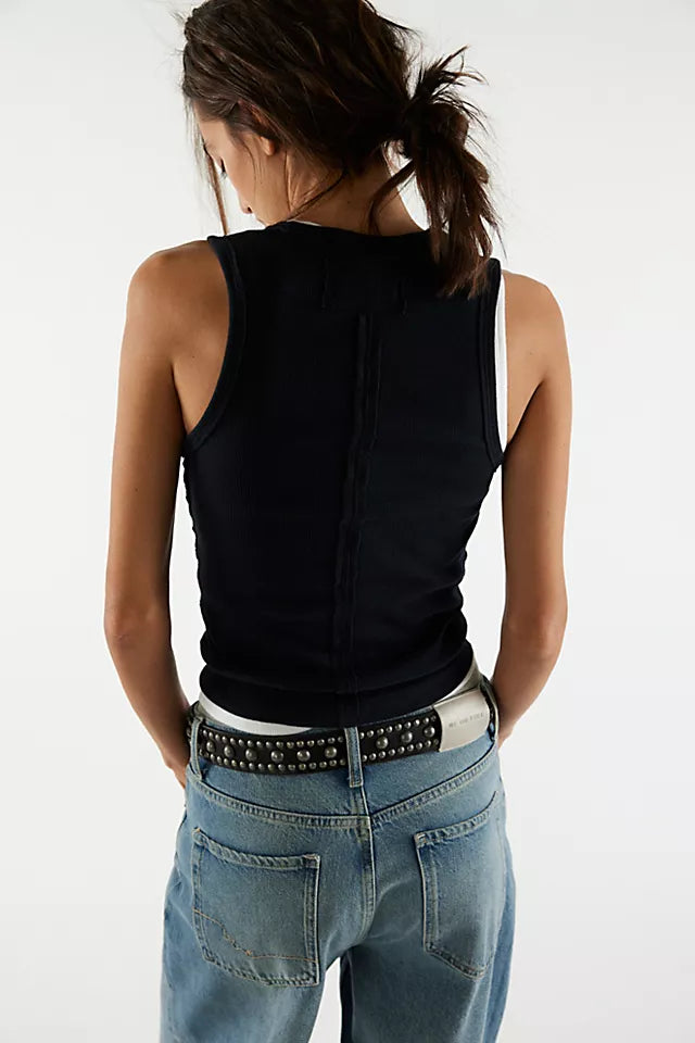 We The Free Neria Tank, featuring a slim fit, V-neckline, raised seaming, and dropped armholes, Black