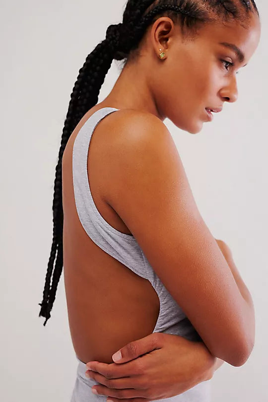 Free People Wear It Out Backless Cami with a crew neckline, fitted style, and open back design, Heather Grey