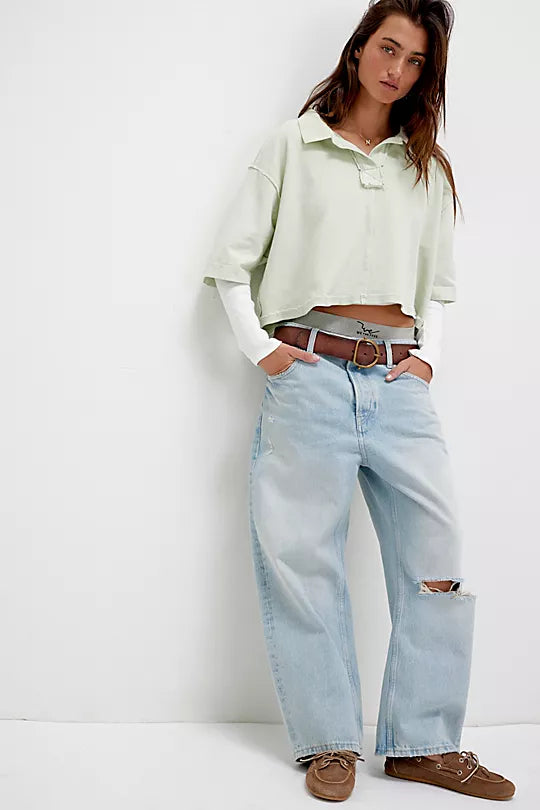 We The Free Deep Trance Dropped Boyfriend Jeans – Relaxed, slouchy jeans with a dropped waist, distressed detailing, and cuffed hems, offering a laid-back, casual look, Bleached Out