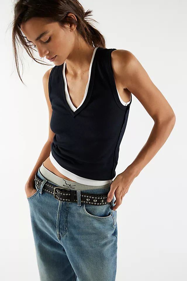 We The Free Neria Tank, featuring a slim fit, V-neckline, raised seaming, and dropped armholes, Black