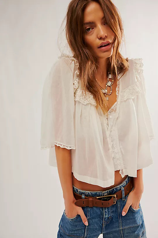Free People Luna Top with a relaxed, flowy fit, scoop neckline, and feminine ruffle details for a bohemian-inspired look, Optic White