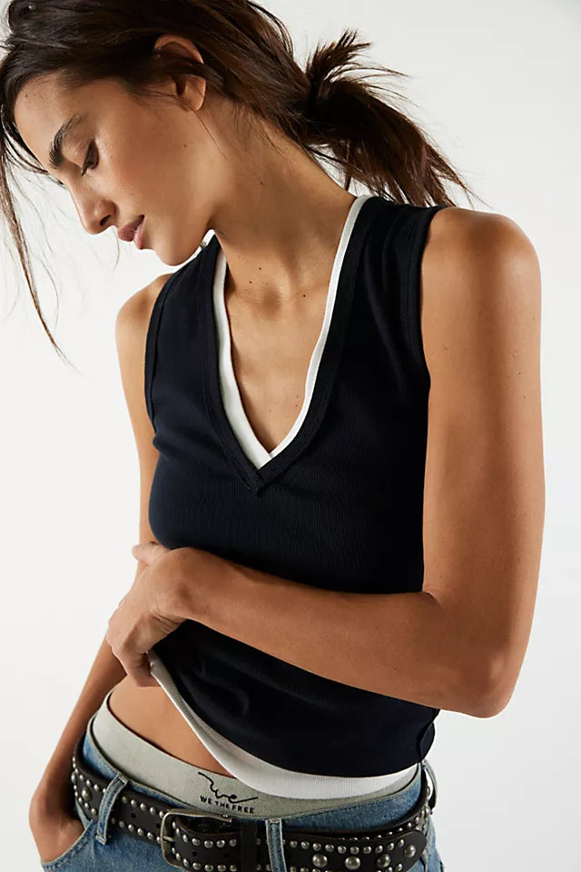 We The Free Neria Tank, featuring a slim fit, V-neckline, raised seaming, and dropped armholes, Black