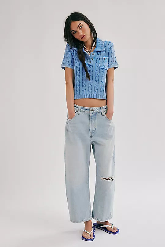 We The Free Deep Trance Dropped Boyfriend Jeans – Relaxed, slouchy jeans with a dropped waist, distressed detailing, and cuffed hems, offering a laid-back, casual look, Bleached Out