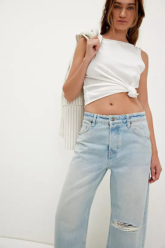 We The Free Deep Trance Dropped Boyfriend Jeans – Relaxed, slouchy jeans with a dropped waist, distressed detailing, and cuffed hems, offering a laid-back, casual look, Bleached Out