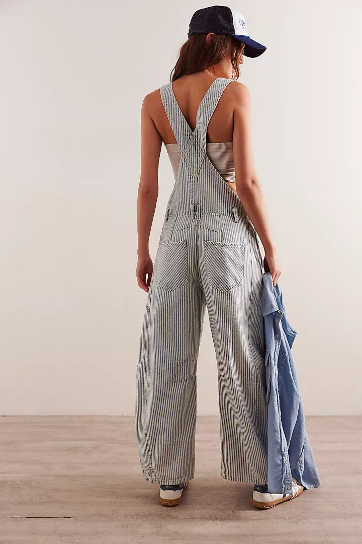 We The Free Good Luck Striped Barrel Overalls featuring a relaxed, cropped fit with a wide-leg silhouette. These overalls are designed with vertical stripes for a playful, vintage-inspired look, adjustable shoulder straps, and a button-front closure for a comfortable and stylish fit, Indigo Railroad