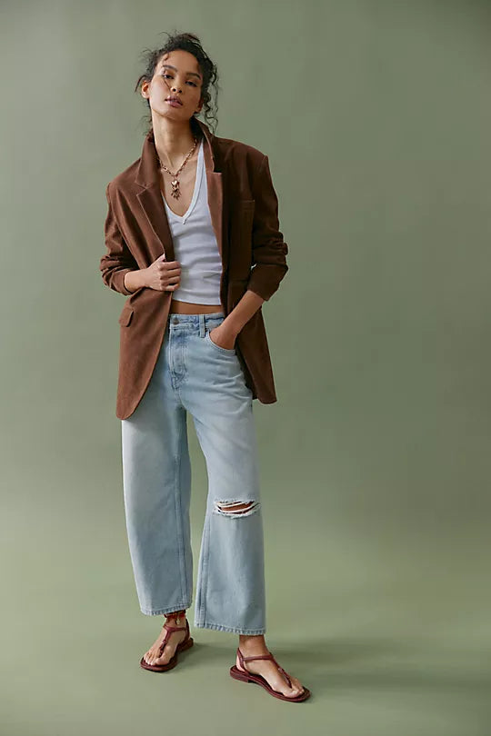 We The Free Deep Trance Dropped Boyfriend Jeans – Relaxed, slouchy jeans with a dropped waist, distressed detailing, and cuffed hems, offering a laid-back, casual look, Bleached Out