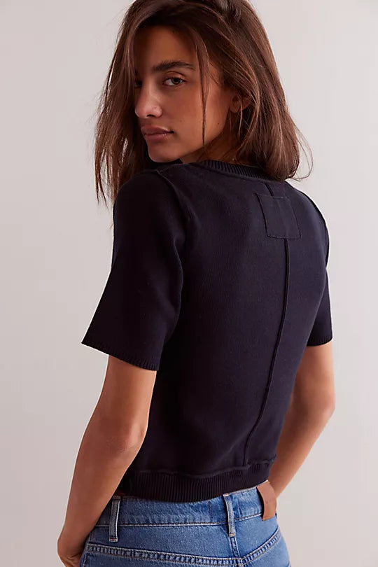 We The Free NY Twosie Set – A chic two-piece set featuring a fitted, cropped square-neck tank top and a short-sleeve cardi with a crew neckline, ribbed trim, and tort button-front closure, Black