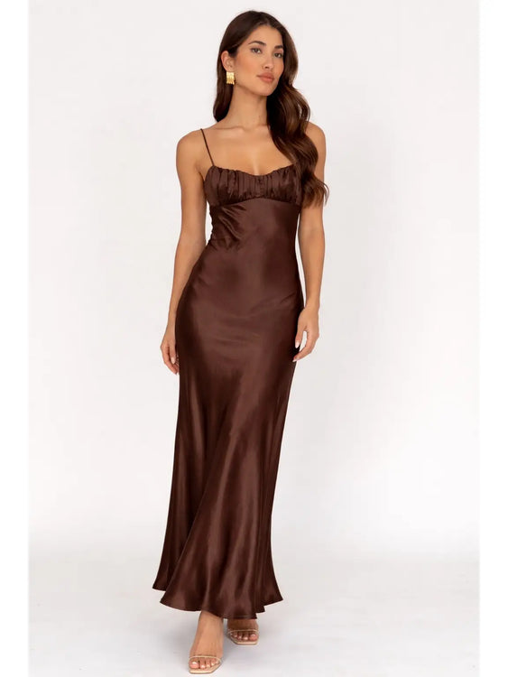 Twist Back Satin Maxi Dress | Chocolate