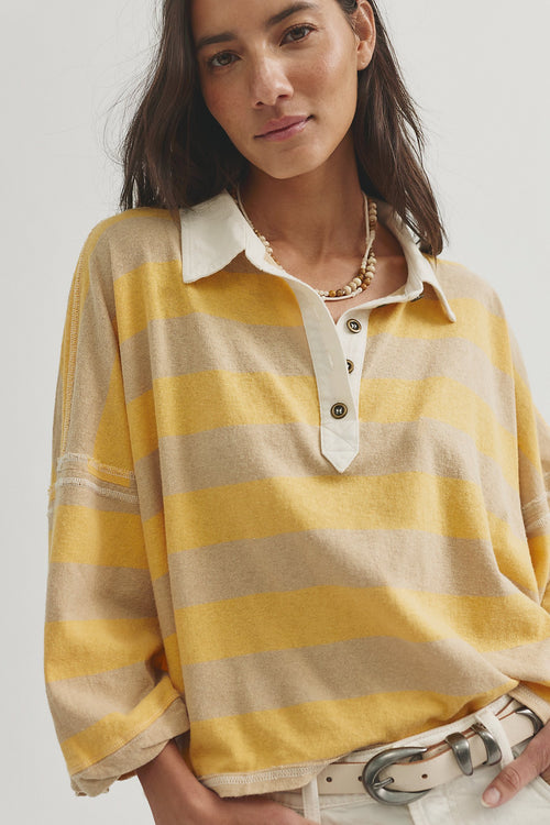 Auggie Oversized Polo Tee | Oat Latte/Yellow Finch