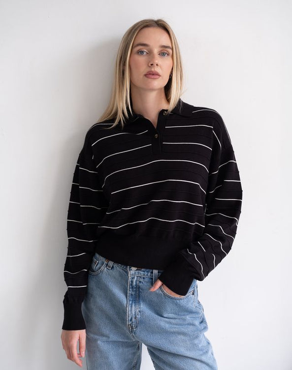 Knit Polo Shirt | Black w/ Cream