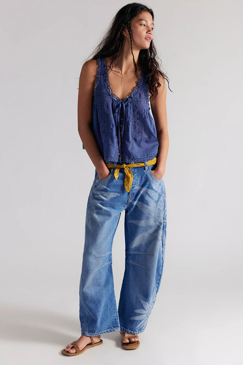 Good Luck Printed Barrel Jeans | Sun Fade