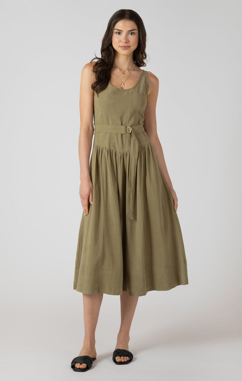 Belted Drop Waist Midi Dress | Dusty Sage Wash