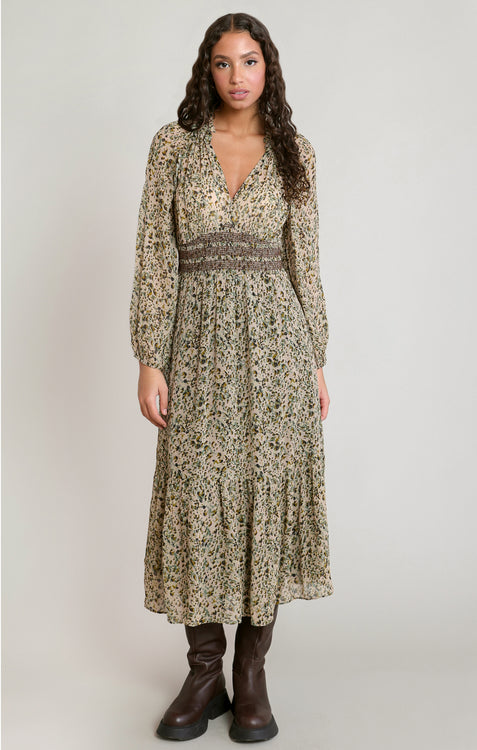 Ever Smocked Waist Dress | Ecru Leopard