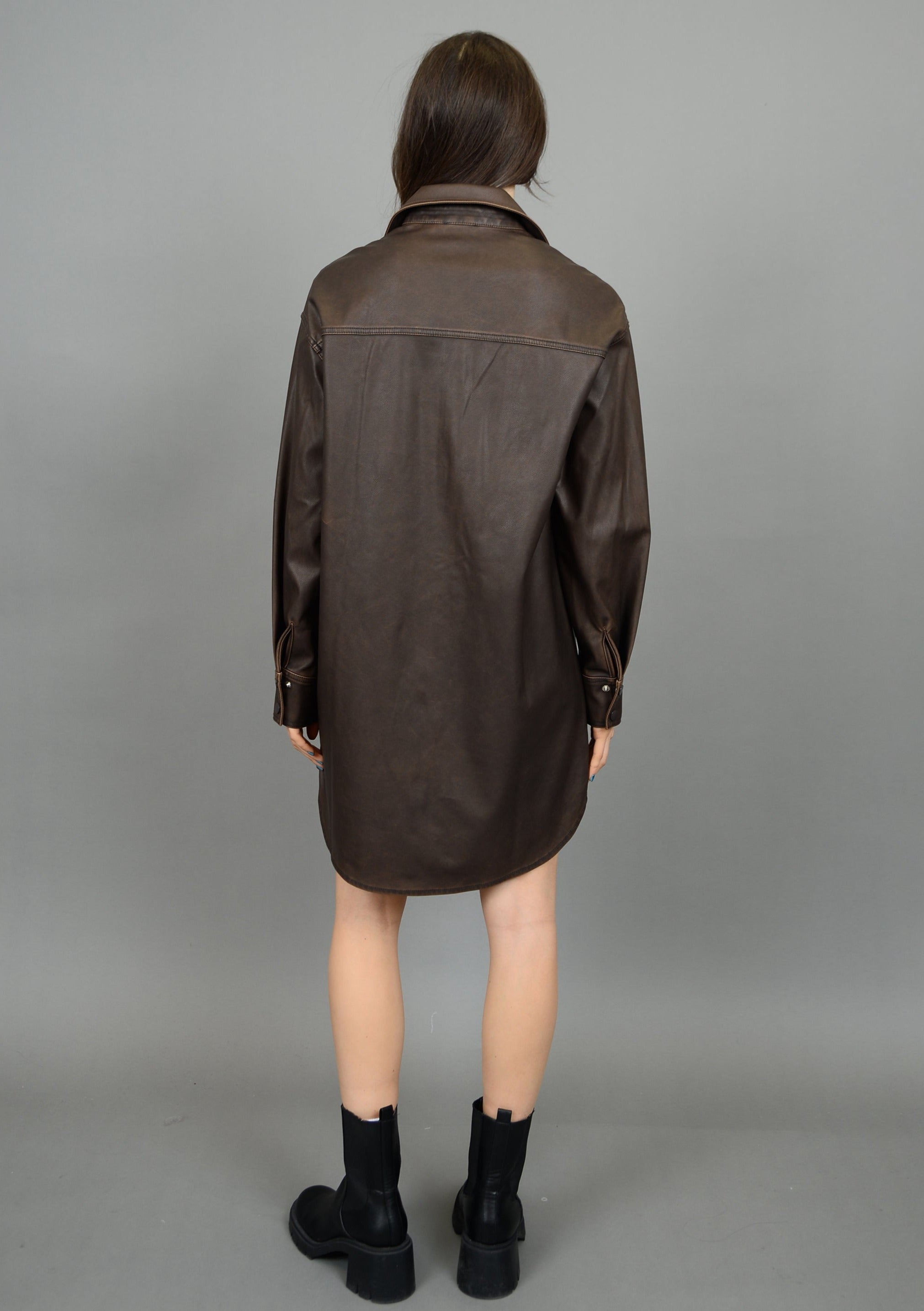 Aliska Distressed Faux Leather Snap Front Shirt Dress | Cedar Brown Bella Chic Aliska Distressed Faux Leather Snap Front Shirt Dress | Cedar Brown Bella Chic