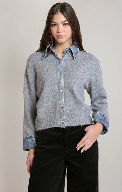 Lakeshore Denim Trim Sweater Shirt | Light Grey/Denim