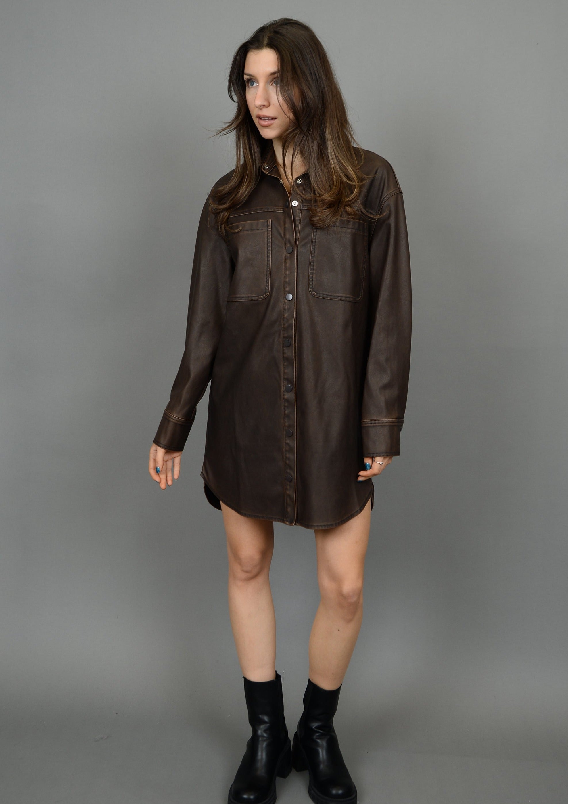 Aliska Distressed Faux Leather Snap Front Shirt Dress | Cedar Brown Bella Chic Aliska Distressed Faux Leather Snap Front Shirt Dress | Cedar Brown Bella Chic