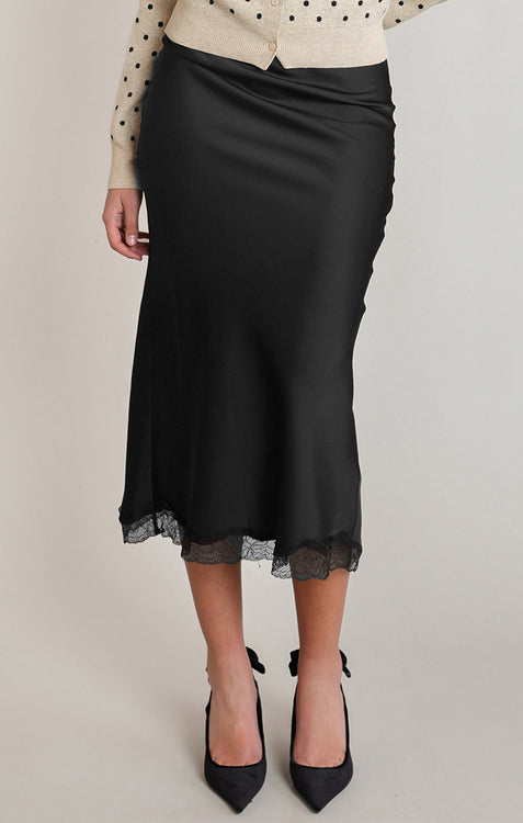 Belgrave Satin Lace Midi Skirt | Black