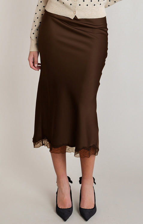 Belgrave Satin Lace Midi Skirt | Chocolate