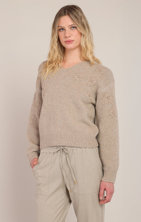 Sylvie Flower Embroidered Sweater | Soft Oatmeal Mix
