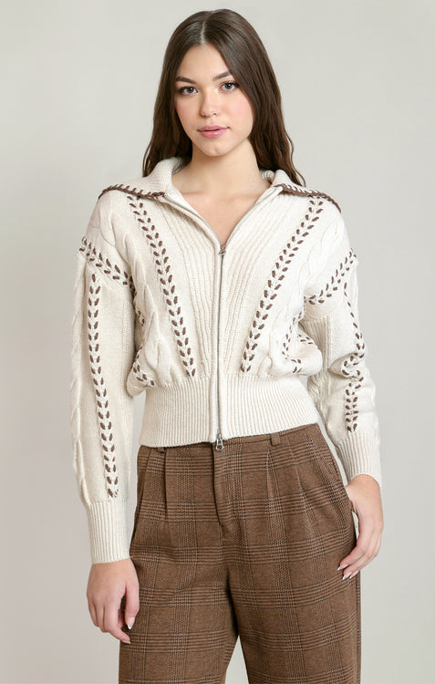 Bea Cable Zip-Up Cardigan | Oatmeal/Brown
