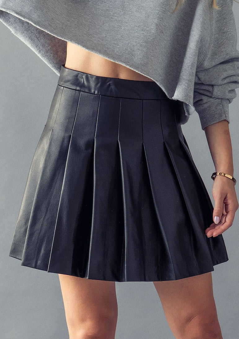 Vegan Leather High-Waisted Pleated Mini Skirt | Black